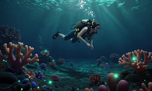 Hidden Gem: Lowtide Echoes editorial - diver exploring bioluminescent underwater coral world
