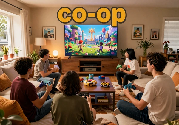 Co-op Weekend Route collection - friends playing games together in a cozy living room with a colorful fantasy adventure